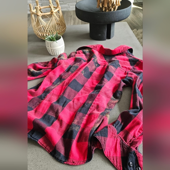 Custom Red and Black Plaid Flannel Shirt Kids L/ womens/xs - Picture 5 of 5
